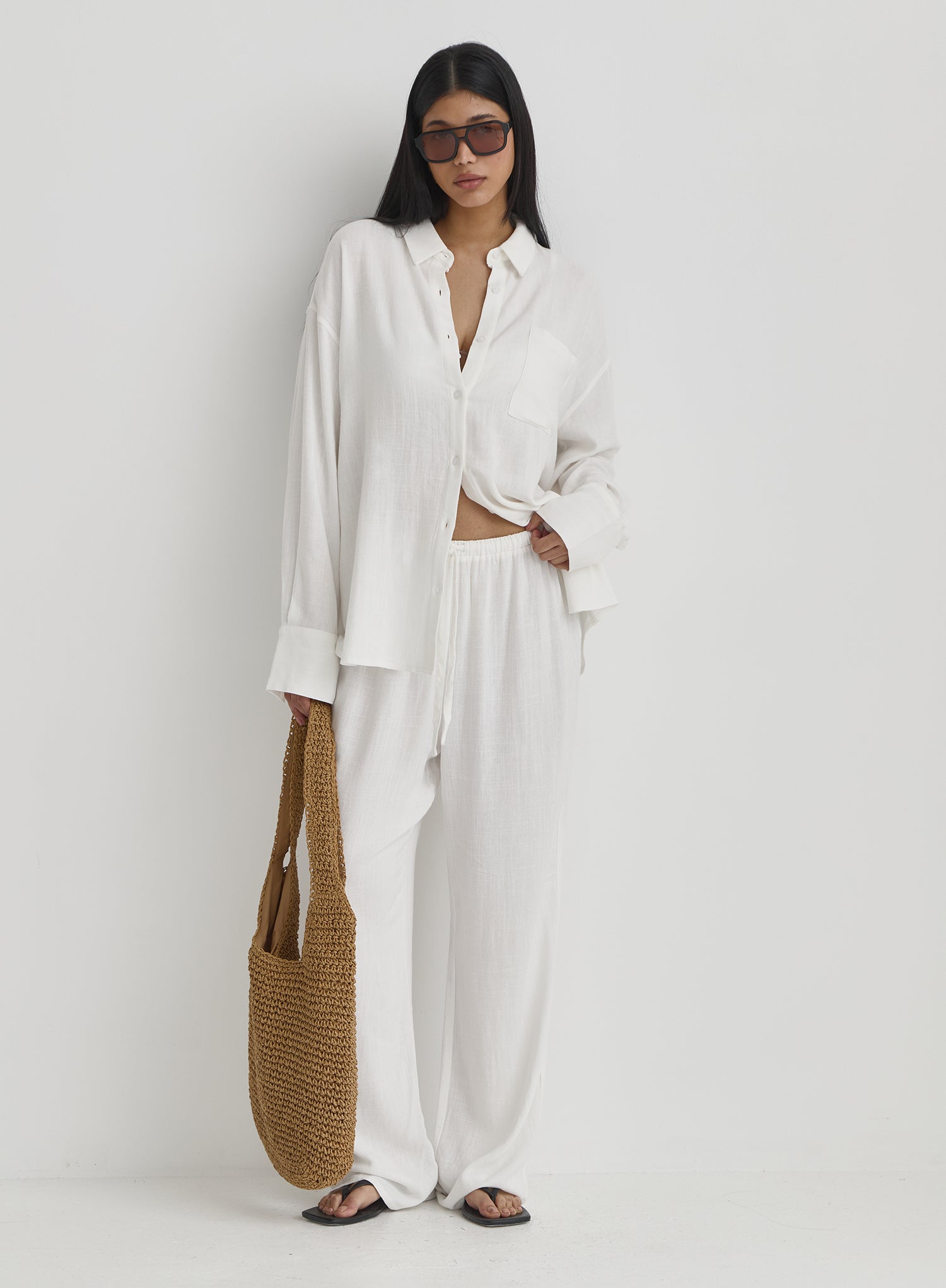 White Linen Loose Fit Trousers